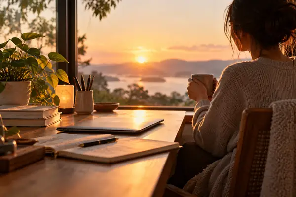 Sanfter Sonnenaufgang über einem ruhigen Schreibtisch, der für eine Morgenroutine vorbereitet ist