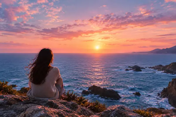 Verträumter blauer Horizont über dem Meer unter einem pastellfarbenen Abendhimmel